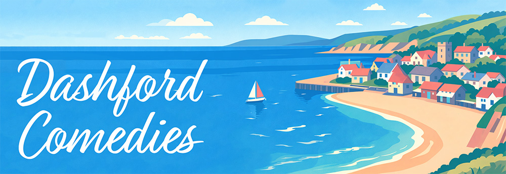 Dashford Comedies header image showing a view of the beach and village from the cliff top on a sunny summer day