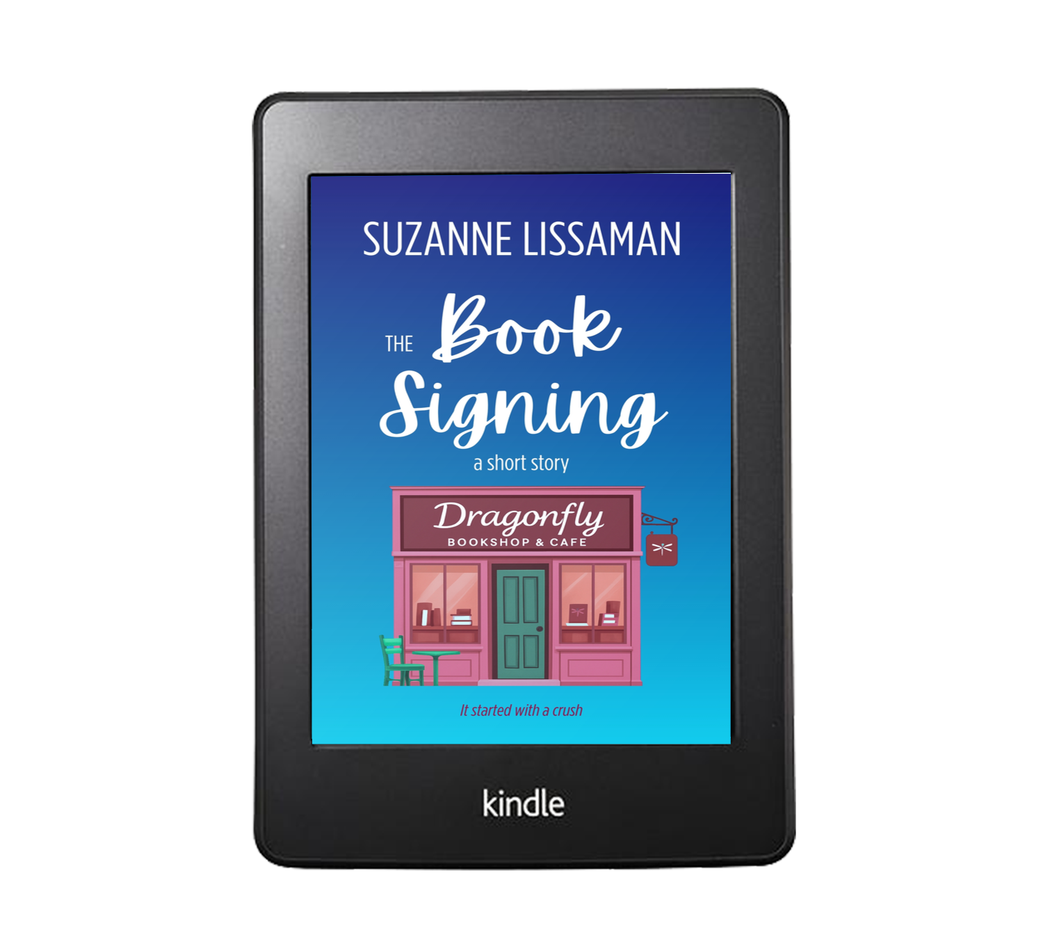 The book signing short story front cover shown on a Kindle