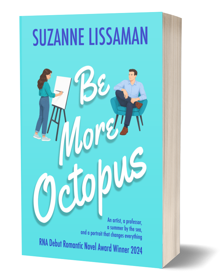 Rom com Be More Octopus by Suzanne Lissaman, shown as a paperback book - teal cover including a woman artist and a man sitting down