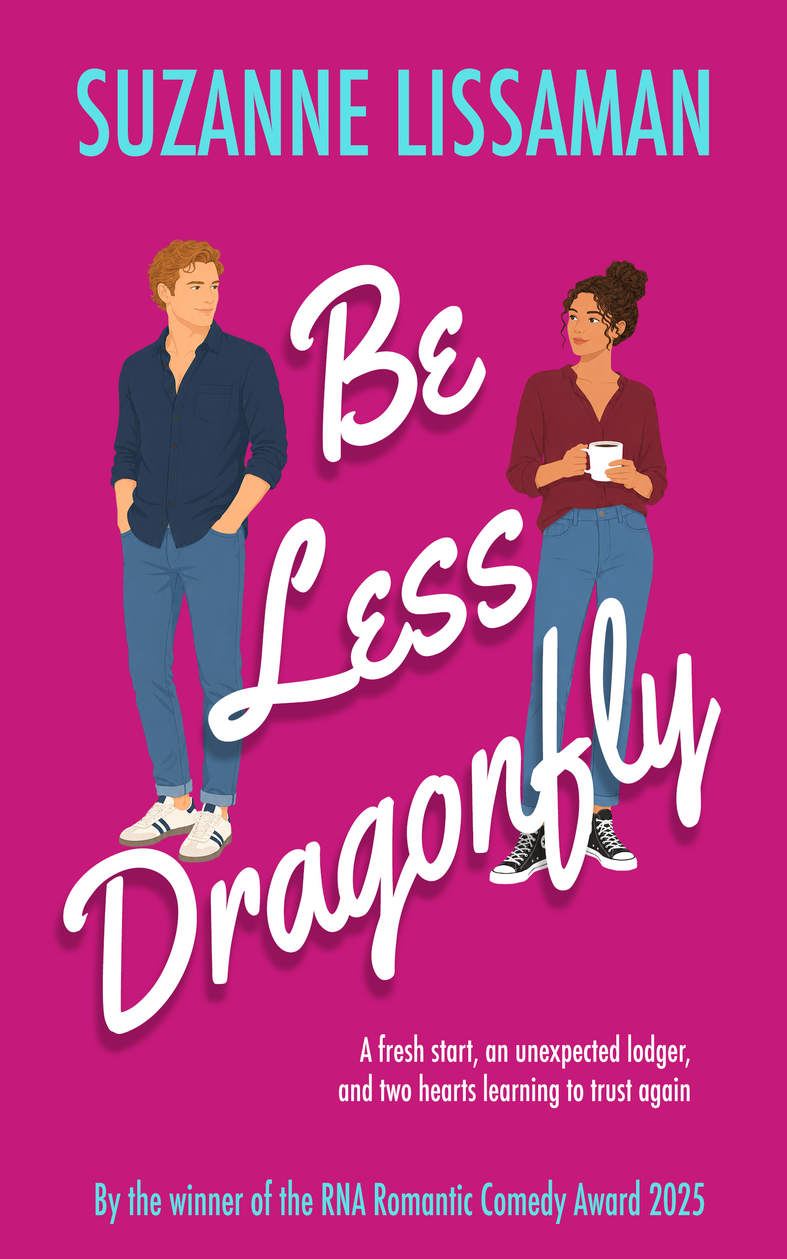 Book cover: Be Less Dragonfly by Suzanne Lissaman - a man and a woman in contemporary casual clothes, magenta background - Dashford Comedies Book 4