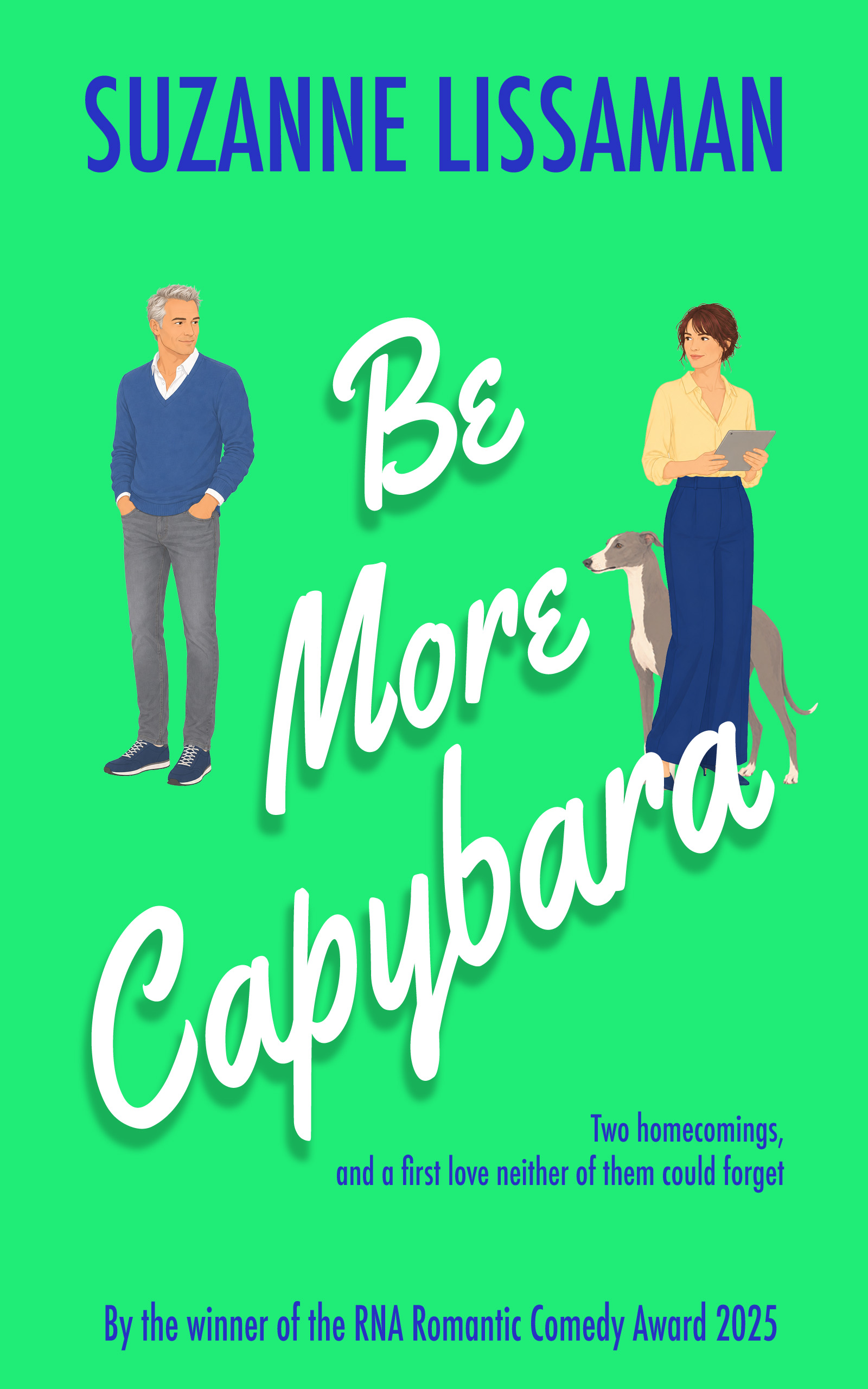 BeMoreCapybaraCover-May26-v2 Book cover: Be More Capybara by Suzanne Lissaman - a man and a woman, both in their 40s, with a greyhound, lime green background - Dashford Comedies Book 6