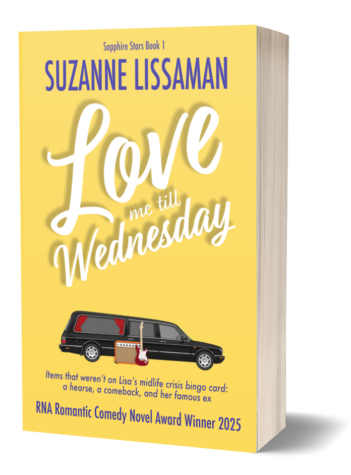 Rom com Love Me Till Wednesday by Suzanne Lissaman book cover - a hearse, a guitar and an amp on a yellow background