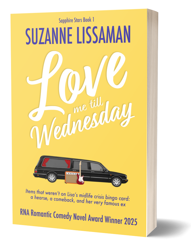 Rom com Love Me Till Wednesday by Suzanne Lissaman, hearse, guitar and amp on a yellow background, shown as a paperback