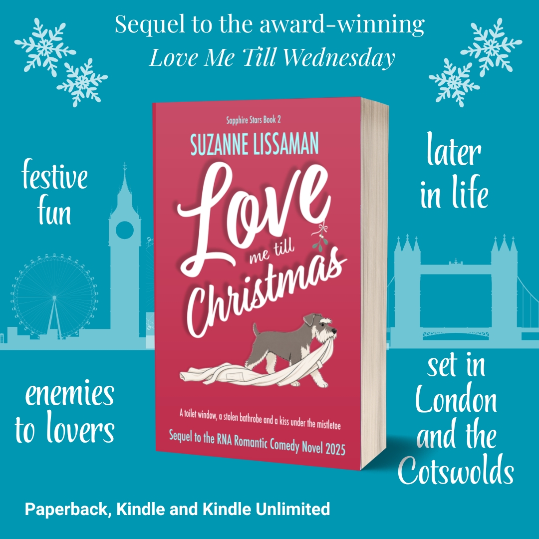 A paperback mockup of Love Me Till Christmas by Suzanne Lissaman on a teal background with a London skyline and key tropes written in words