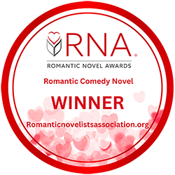 RNA Romantic Comedy Award Winner sticker - round with a red outline and the Romantic Novelists Association logo