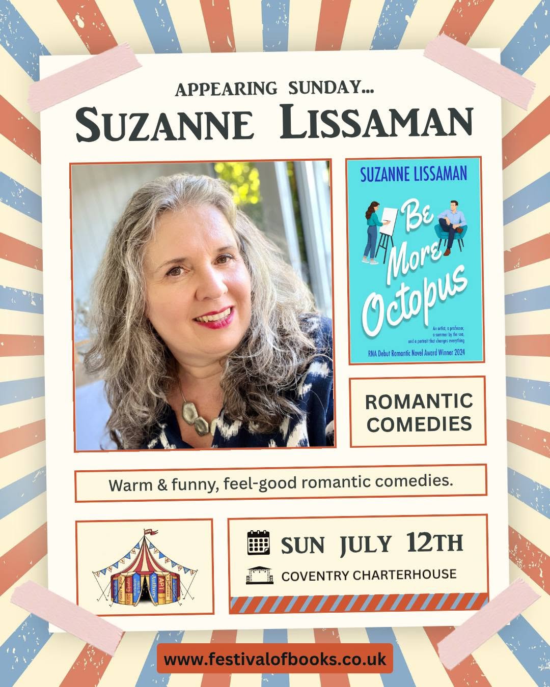 BookExtravaganza-SL-Cov26 Poster showing Suzanne Lissaman will be at Coventry Festival of Books on Sunday 12 July 2026