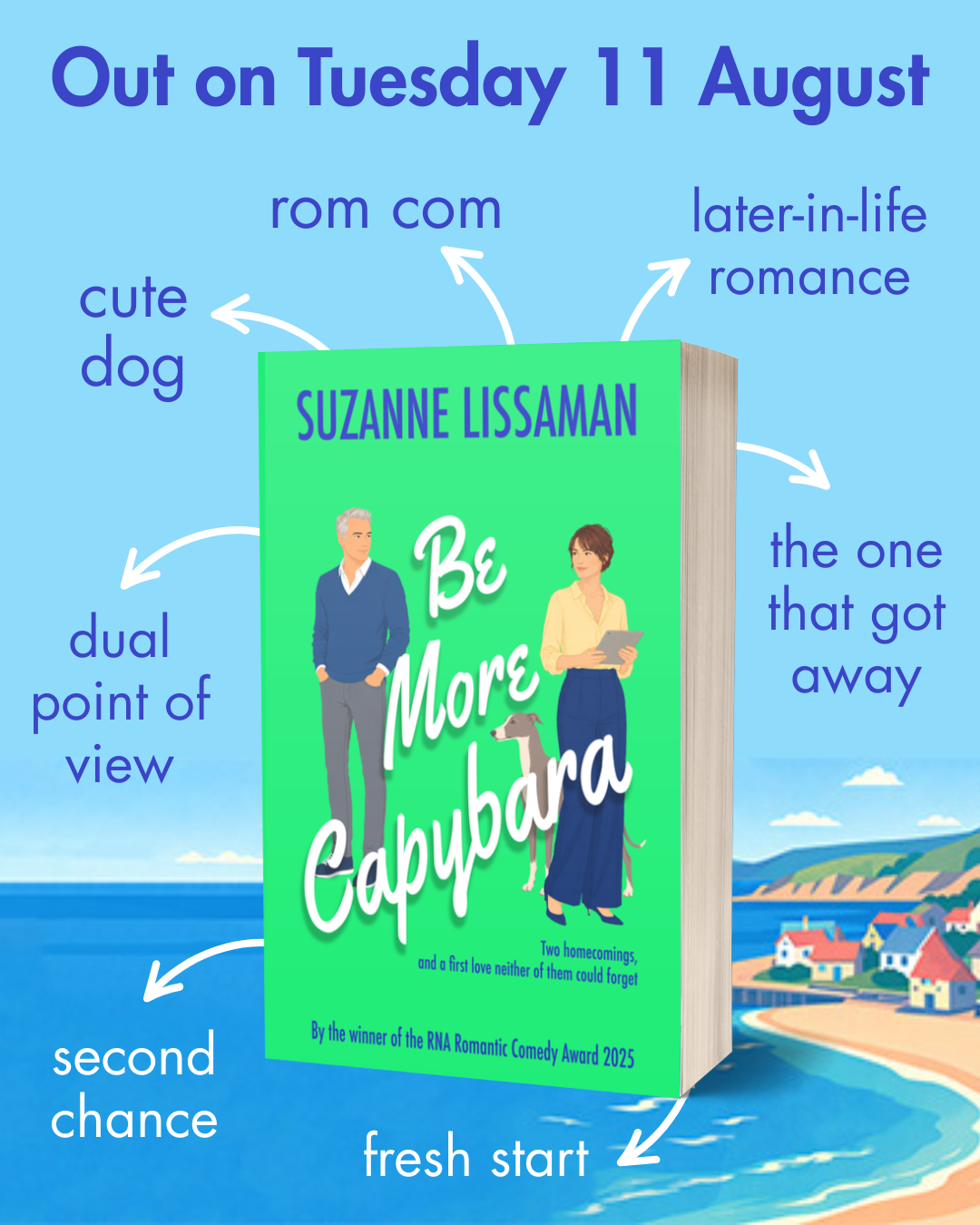 Be More Capybara - tropes Be More Capybara as a paperback on a sunny seaside background with tropes around it - Suzanne Lissaman rom com