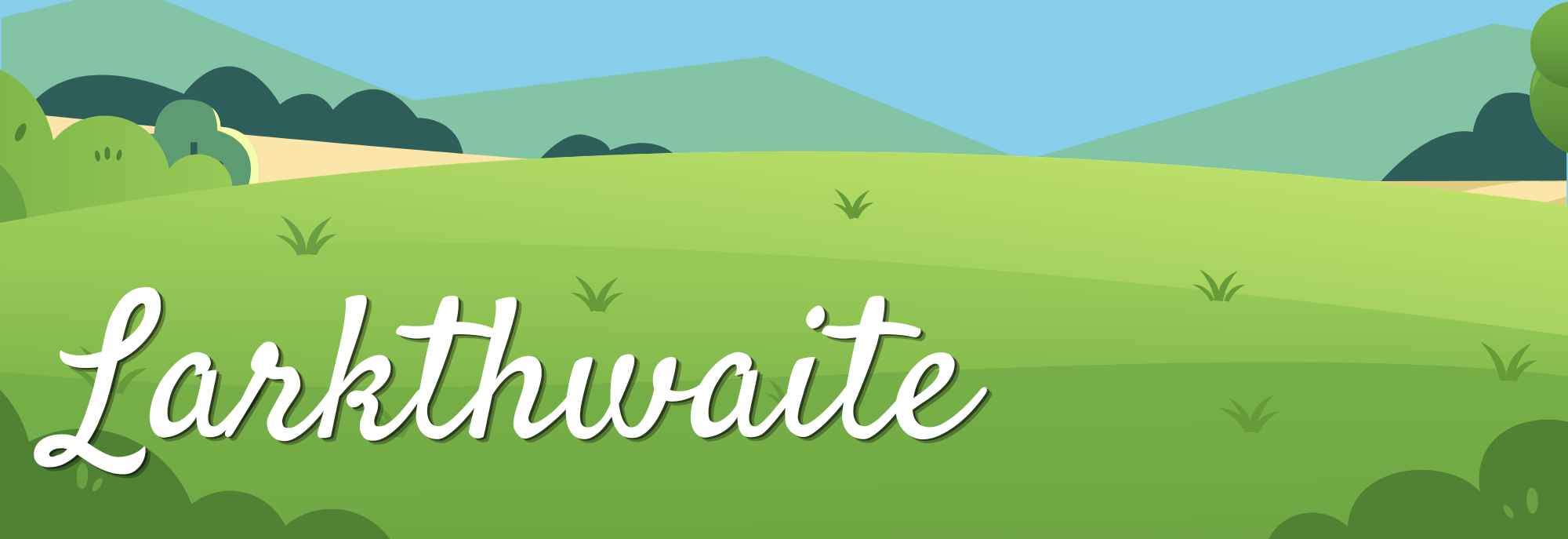 Stylised drawing of Yorkshire countryside with Larkthwaite written on top in white in a script font