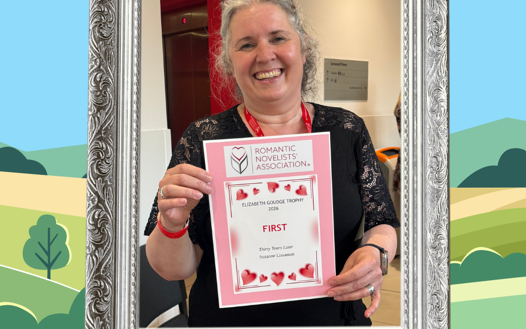 Author Suzanne Lissaman holding her Elizabeth Goudge Trophy 2026 winning certificate, shown on a stylised Yorkshire landscape background
