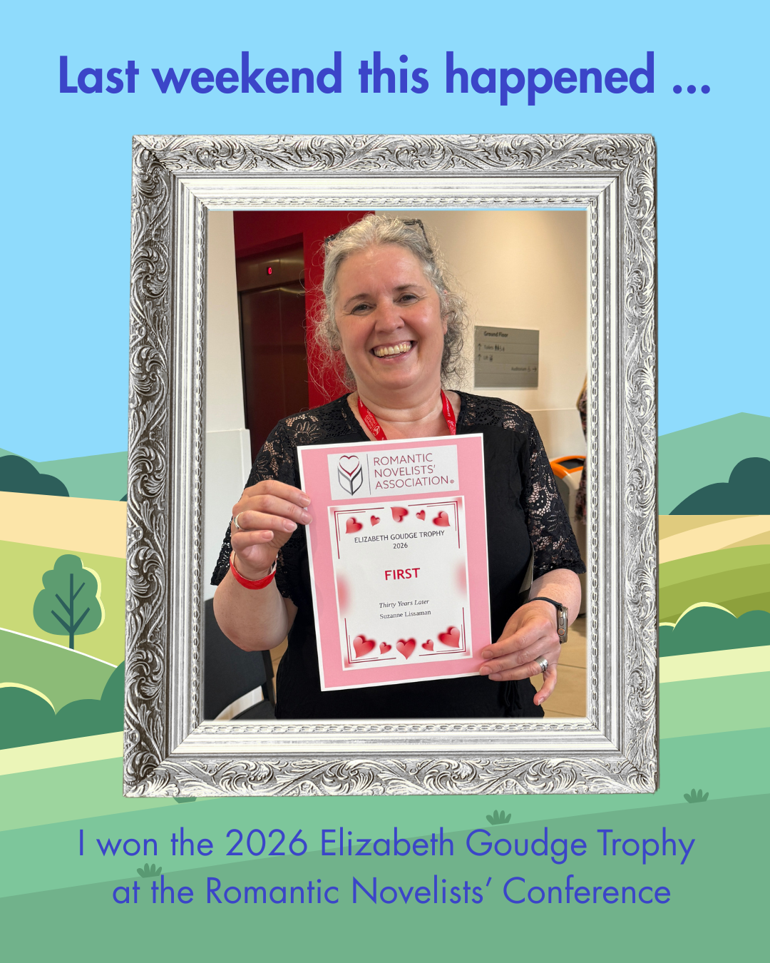 Suzanne-Lissaman-with-Elizabeth-Goudge-Trophy-2026-certificate Author Suzanne Lissaman holding her Elizabeth Goudge Trophy 2026 winning certificate, shown on a stylised Yorkshire landscape background